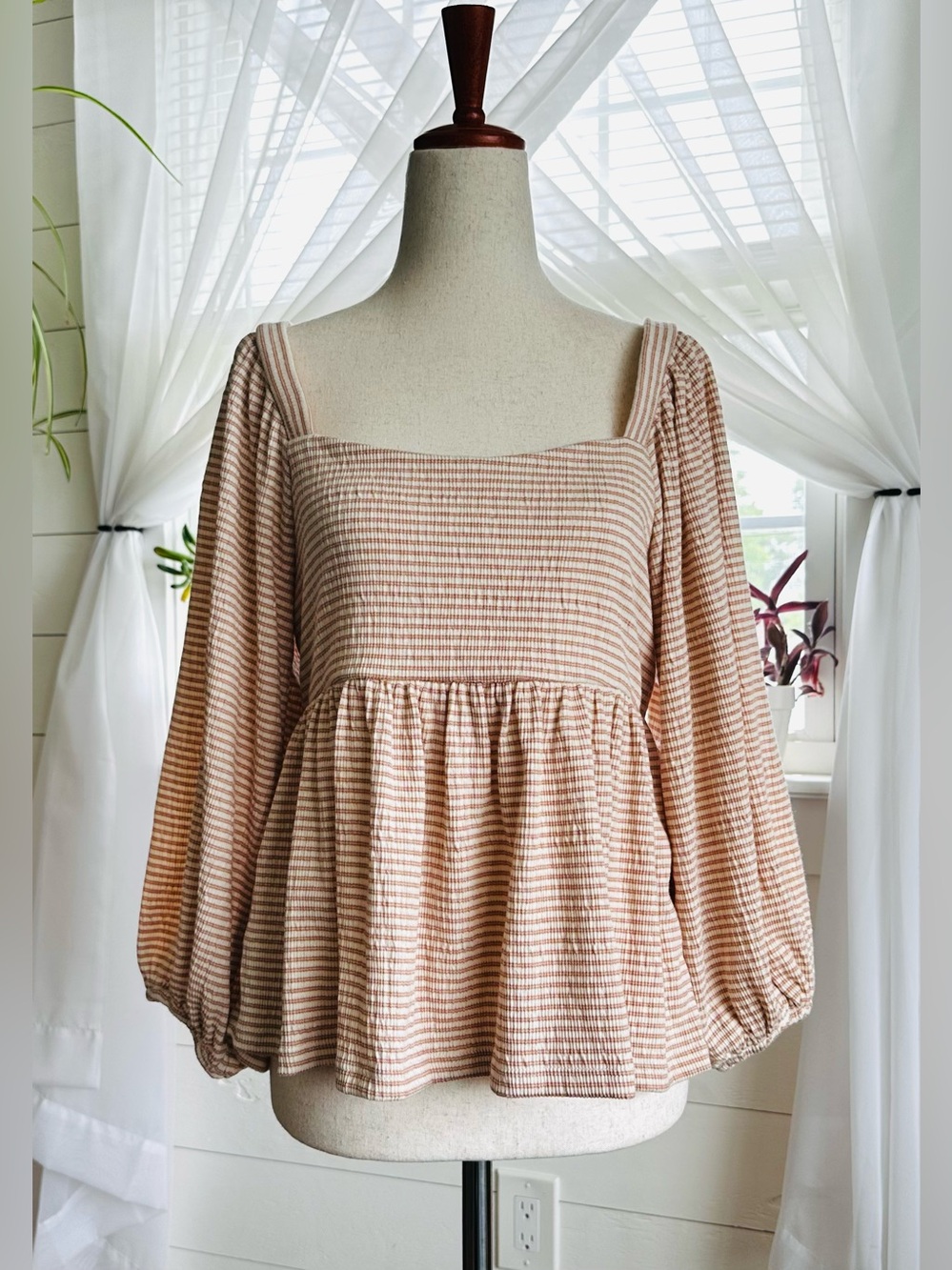 THE POST Smocked Babydoll Peplum Top Soft Beige Cottagecore Boho Size Small